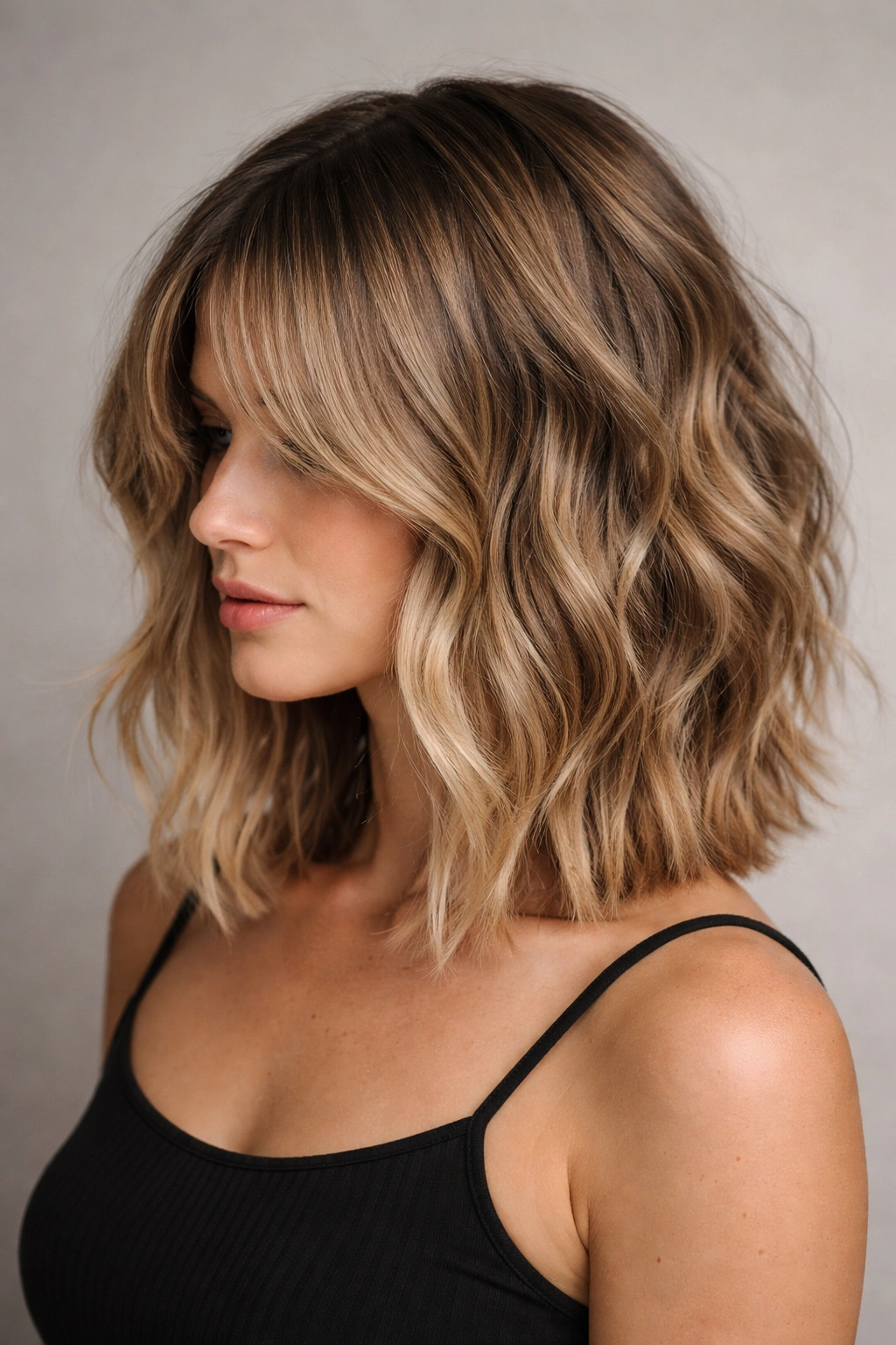 Short And Wavy 15 Haircuts Designed For Your Texture 7 Close-up profile of The Textured Lob With Hidden Layers showing blunt front with hidden layered back in soft waves