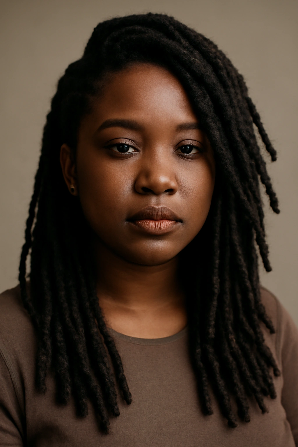 12 Flattering Hairstyles for Black Women With Round Faces 1 Close-up portrait of a Black woman with textured locs pinned back asymmetrically
