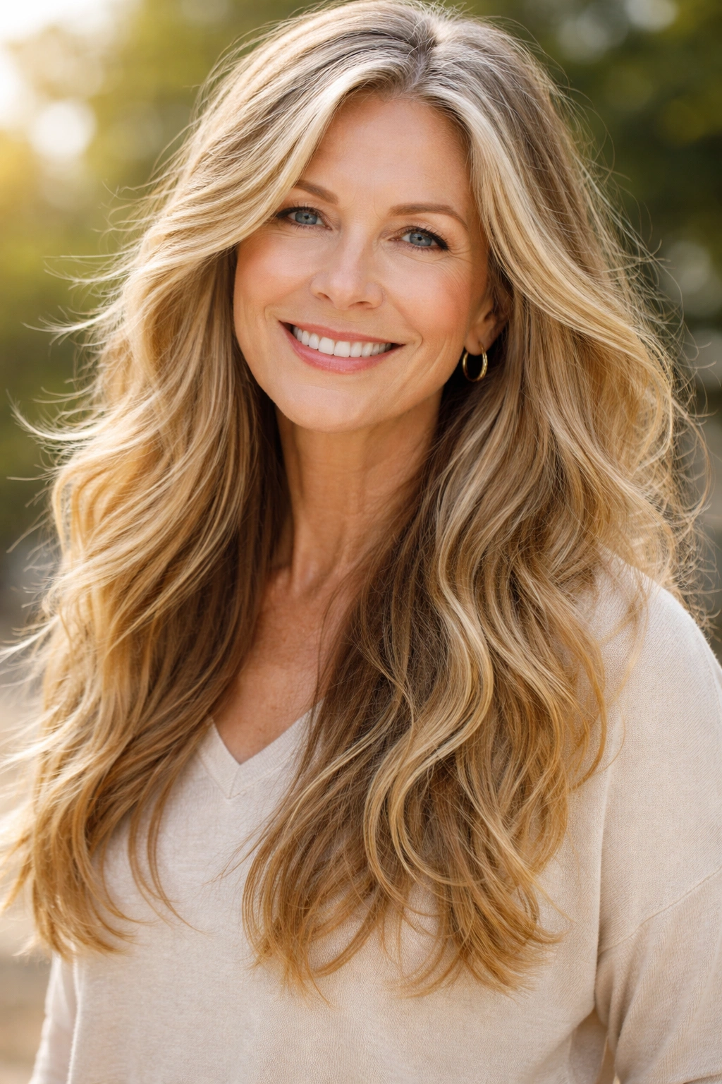 Long hair with warm blonde tips adding texture and movement.