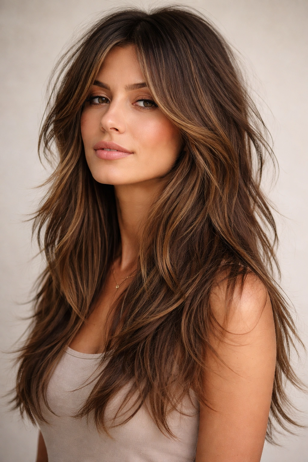 Three-quarter portrait of long hair with textured choppy layers from shoulder to back