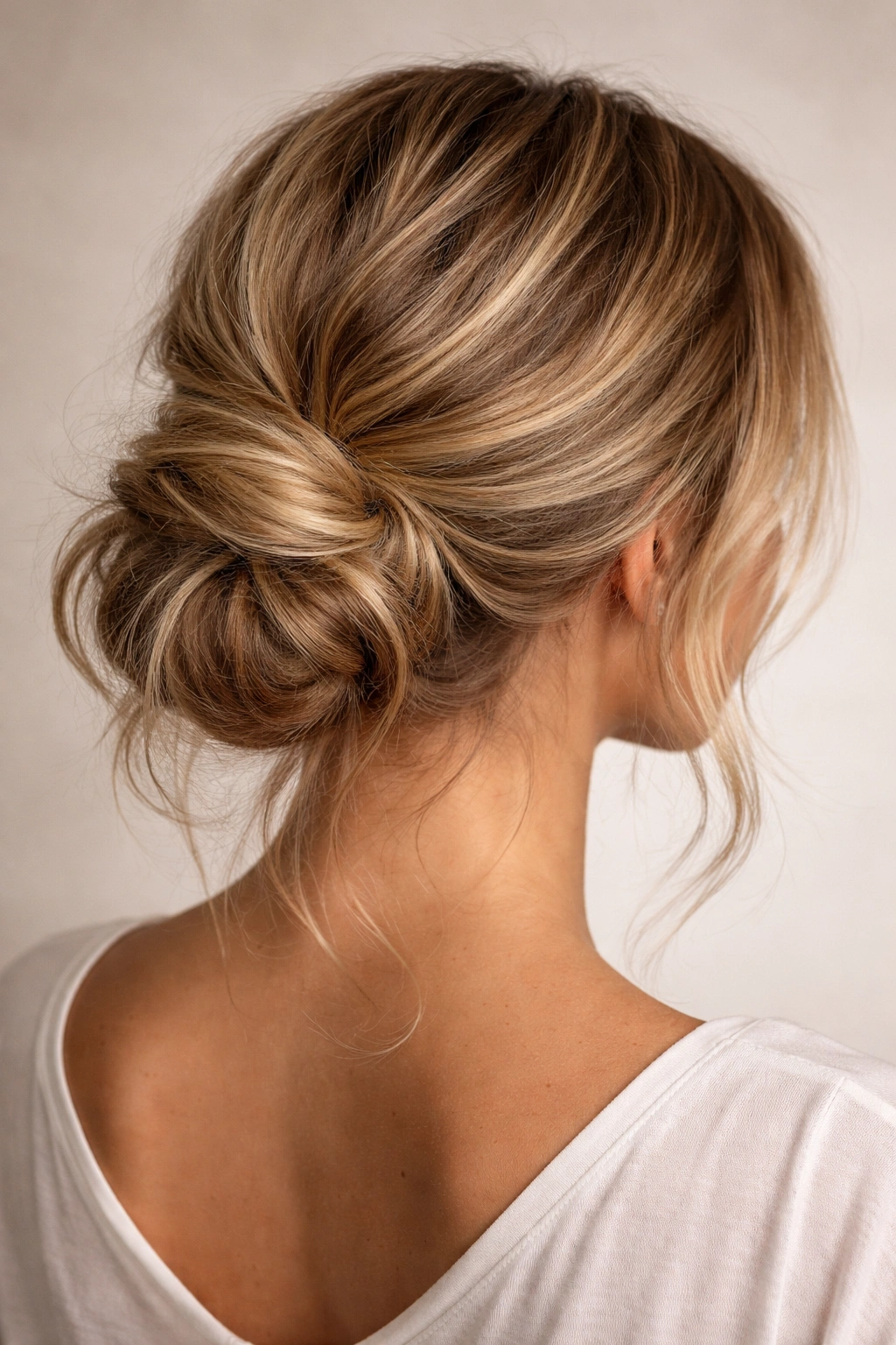 Low bun at the nape with added texture and loose ends