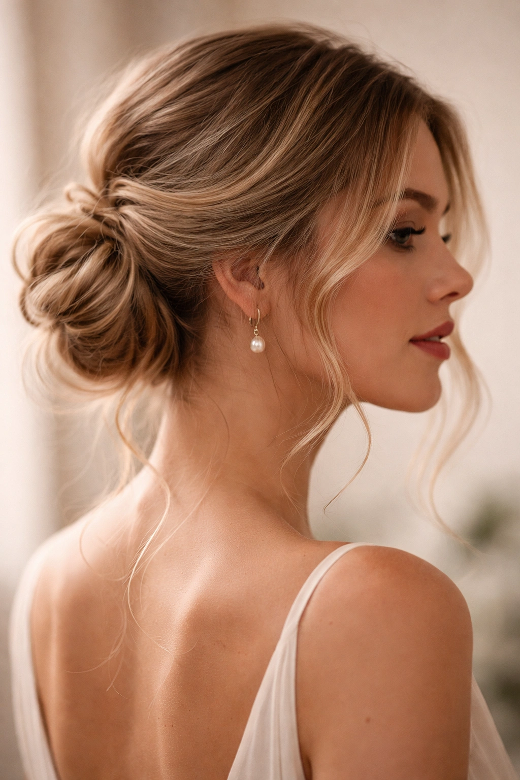 Textured low bun with wispy pieces framing the face