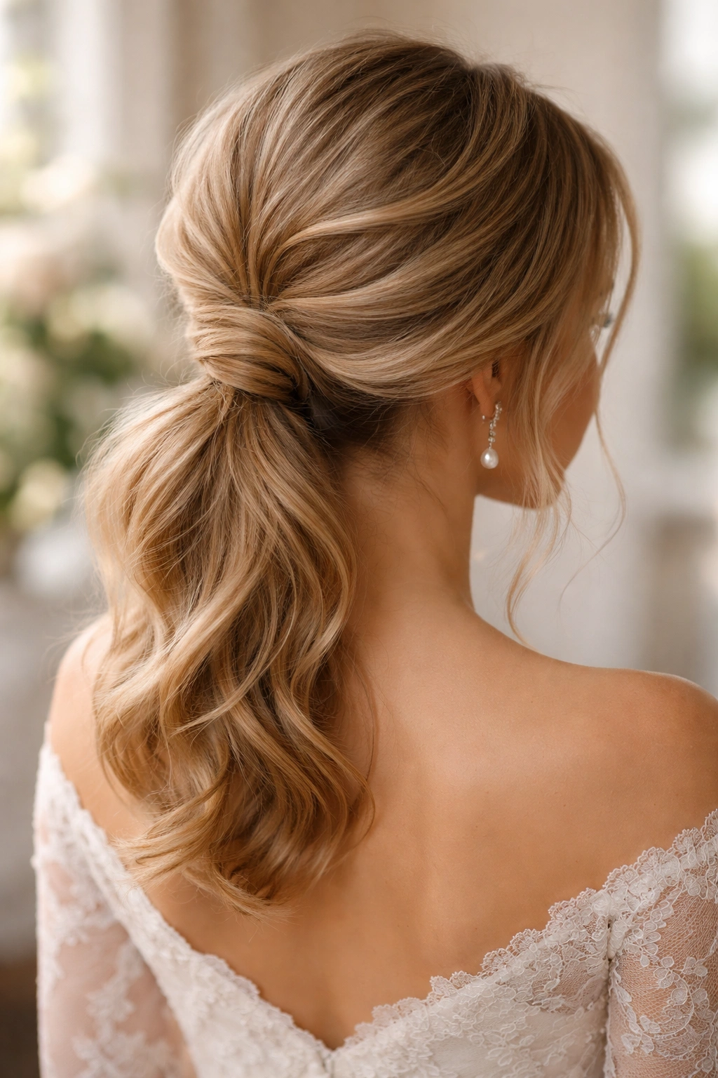 Textured low ponytail with tucked ends and teased base