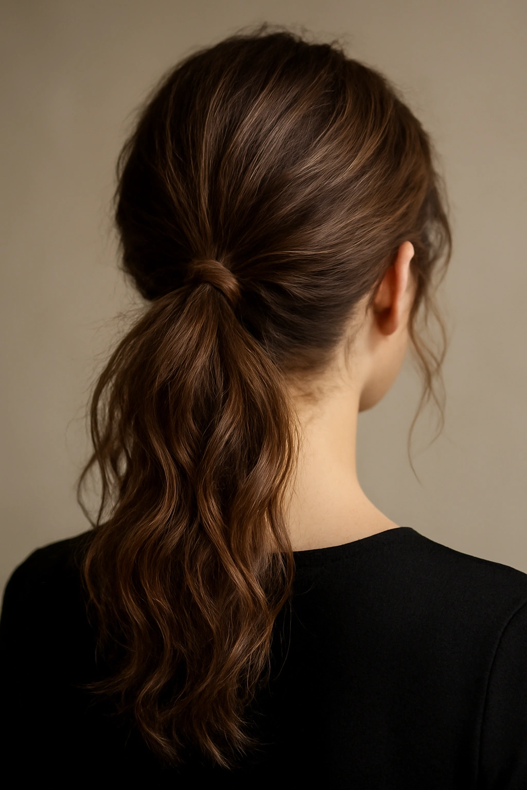 12 Polished Ponytail Hairstyles You Can Try Today 8 Low ponytail with visible waves and texture at the nape in a studio setting