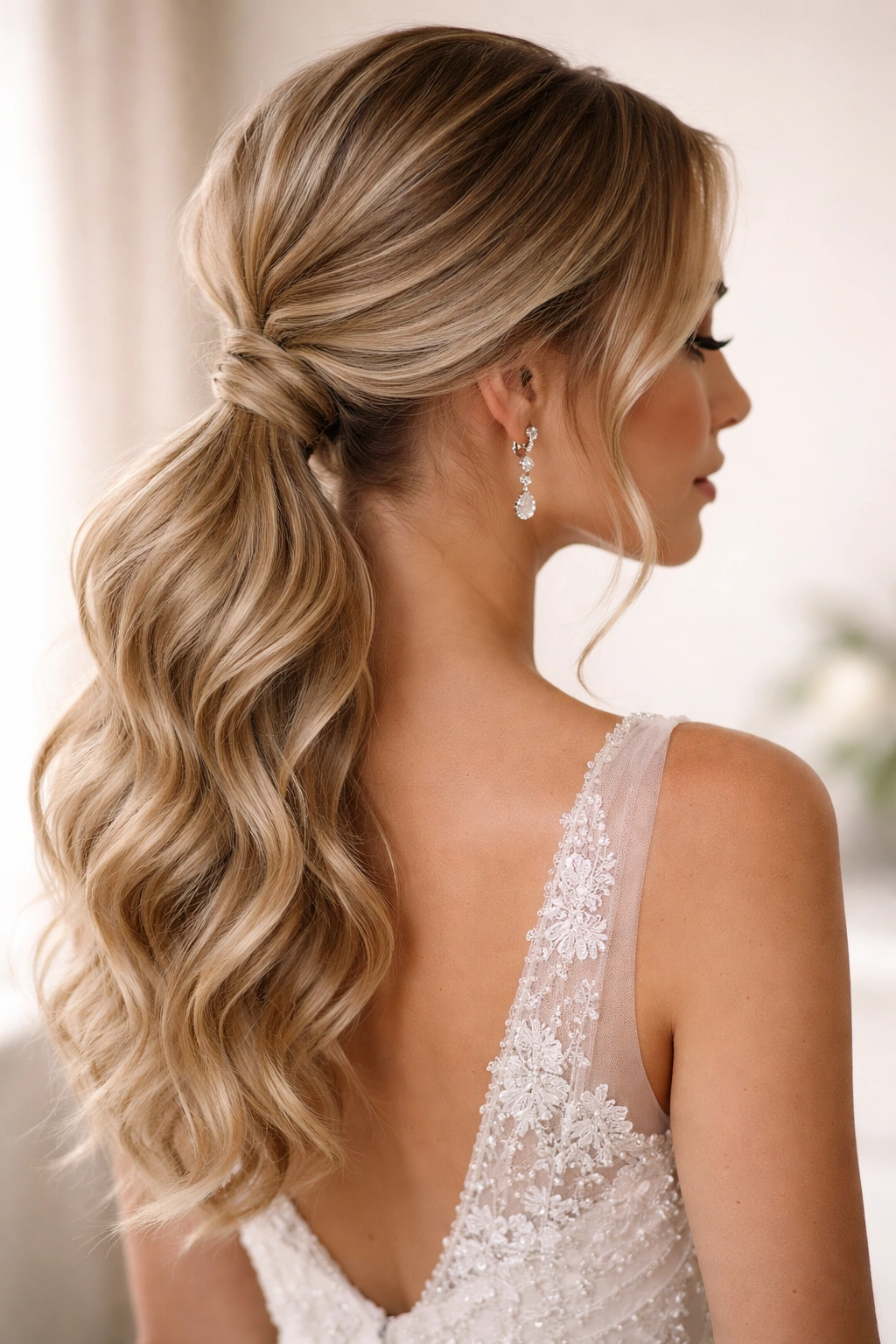 Close-up of textured low ponytail with hidden elastic and wrapped base