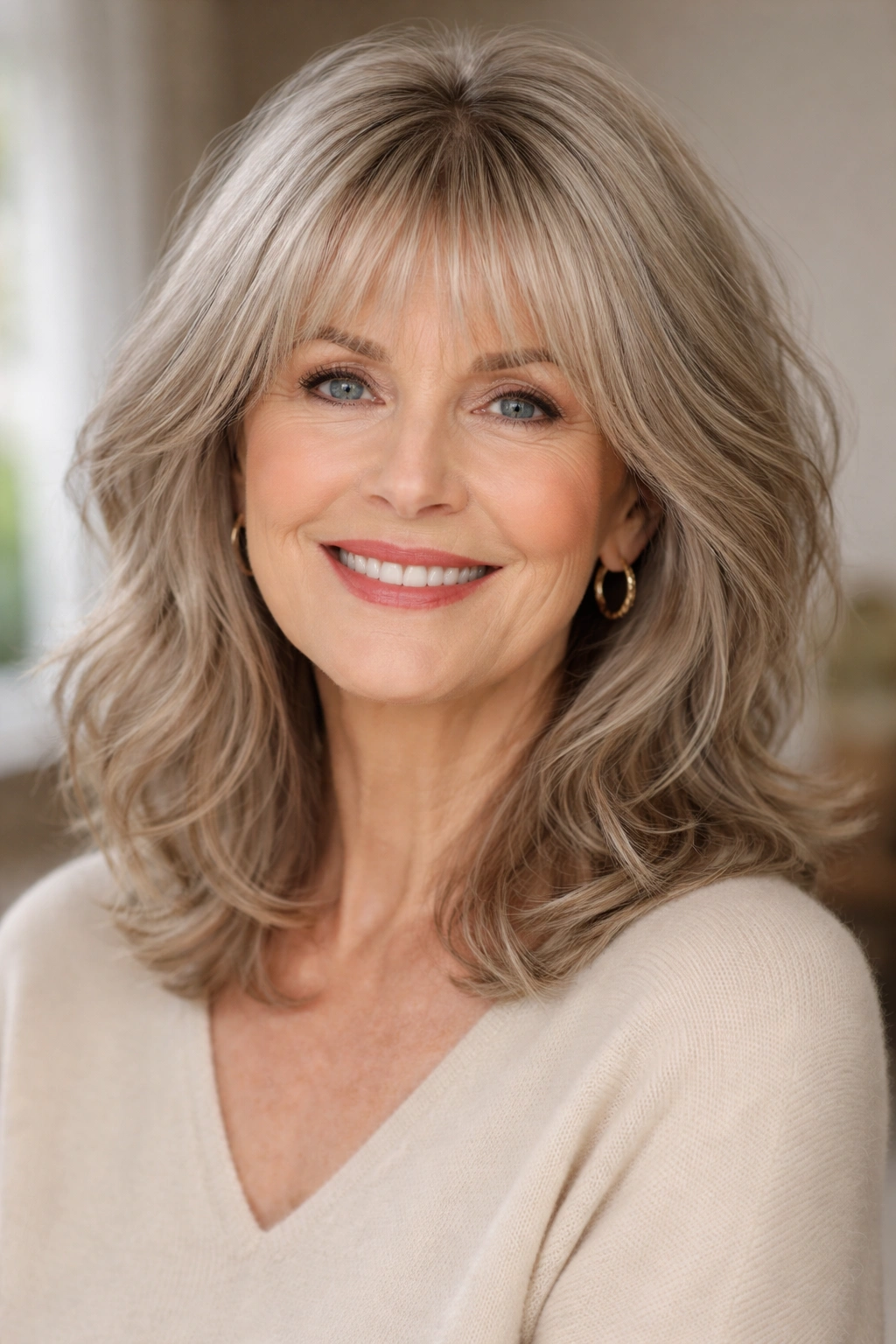 Textured medium cut with wispy layered bangs showing movement.
