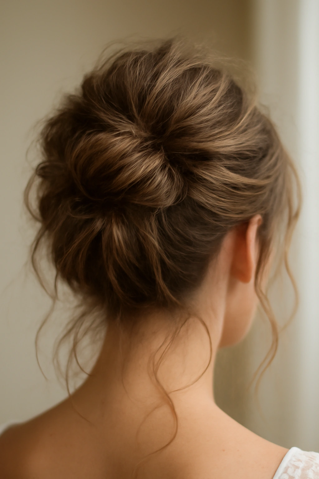 25 Wedding Hairstyles From Pixie Cuts to Long Waves 17 Textured messy bun with loose strands for a modern wedding look