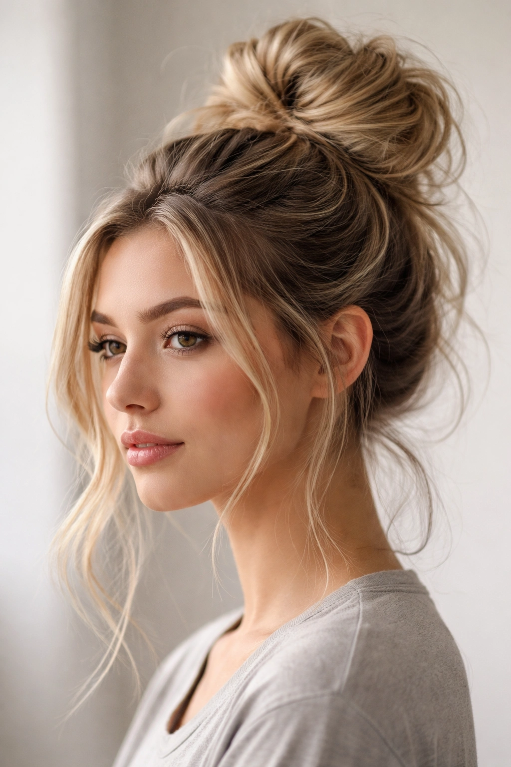 Close-up of a textured messy bun with loose strands in a neutral studio setting