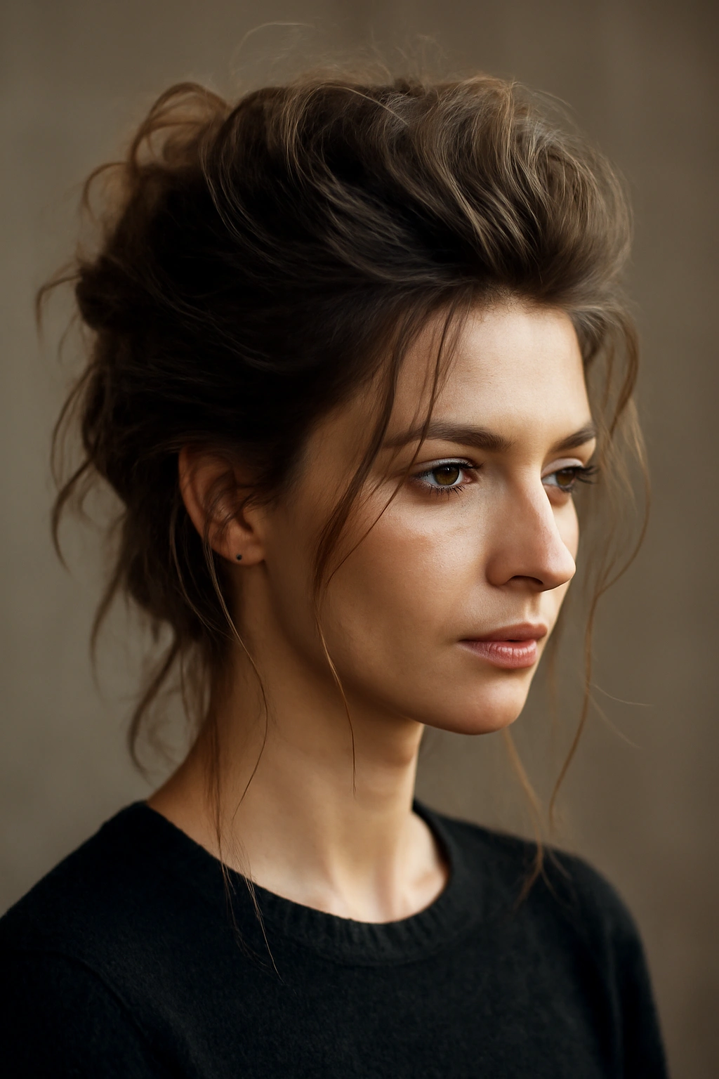 10 Pompadour Hairstyles for Women With Longer Hair 3 Portrait of a textured messy pompadour with visible height and texture.