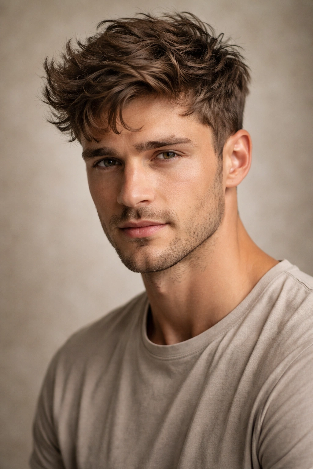 Portrait of man with textured messy top showing natural tousled hair