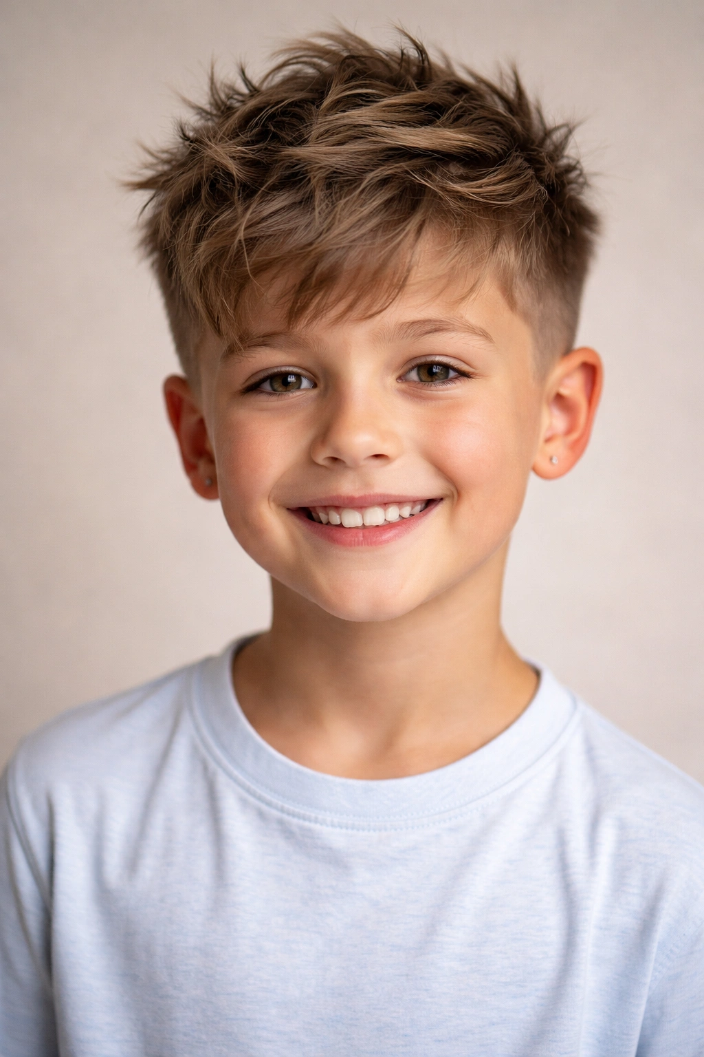Boy with textured messy top and faded sides hairstyle