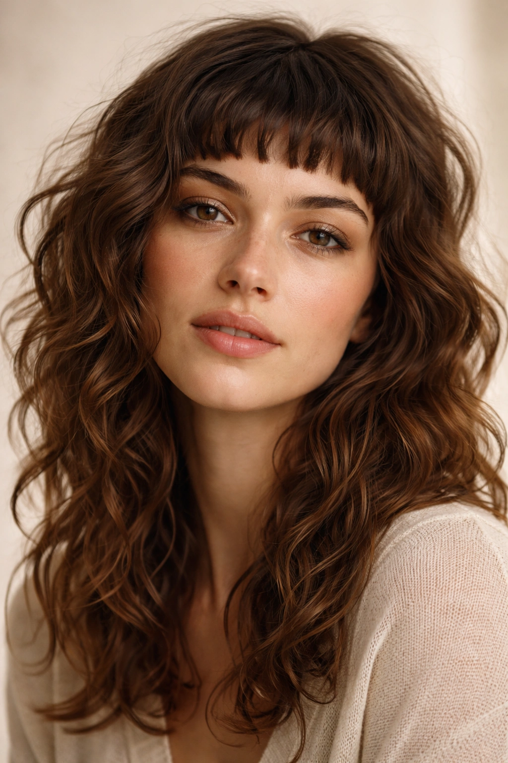 12 Curly Bang Haircuts For Every Type Of Curl 2 Close-up of textured micro-bangs above eyebrows on wavy hair