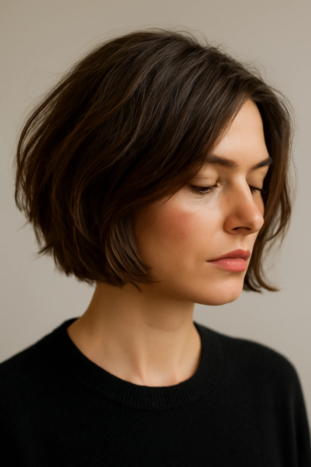 10 Short Hairstyles Perfect for Special Occasions 2 Portrait of a model with a textured modern bob and subtle layers