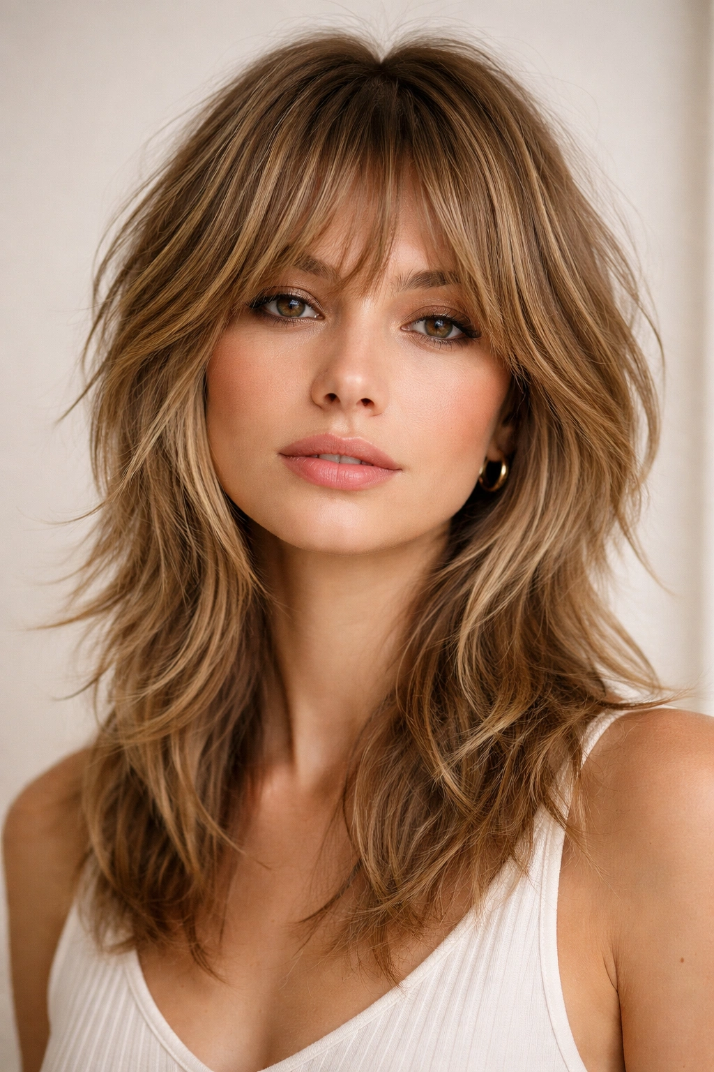 Front view of a model with Textured Modern Shag showing smooth layer transitions