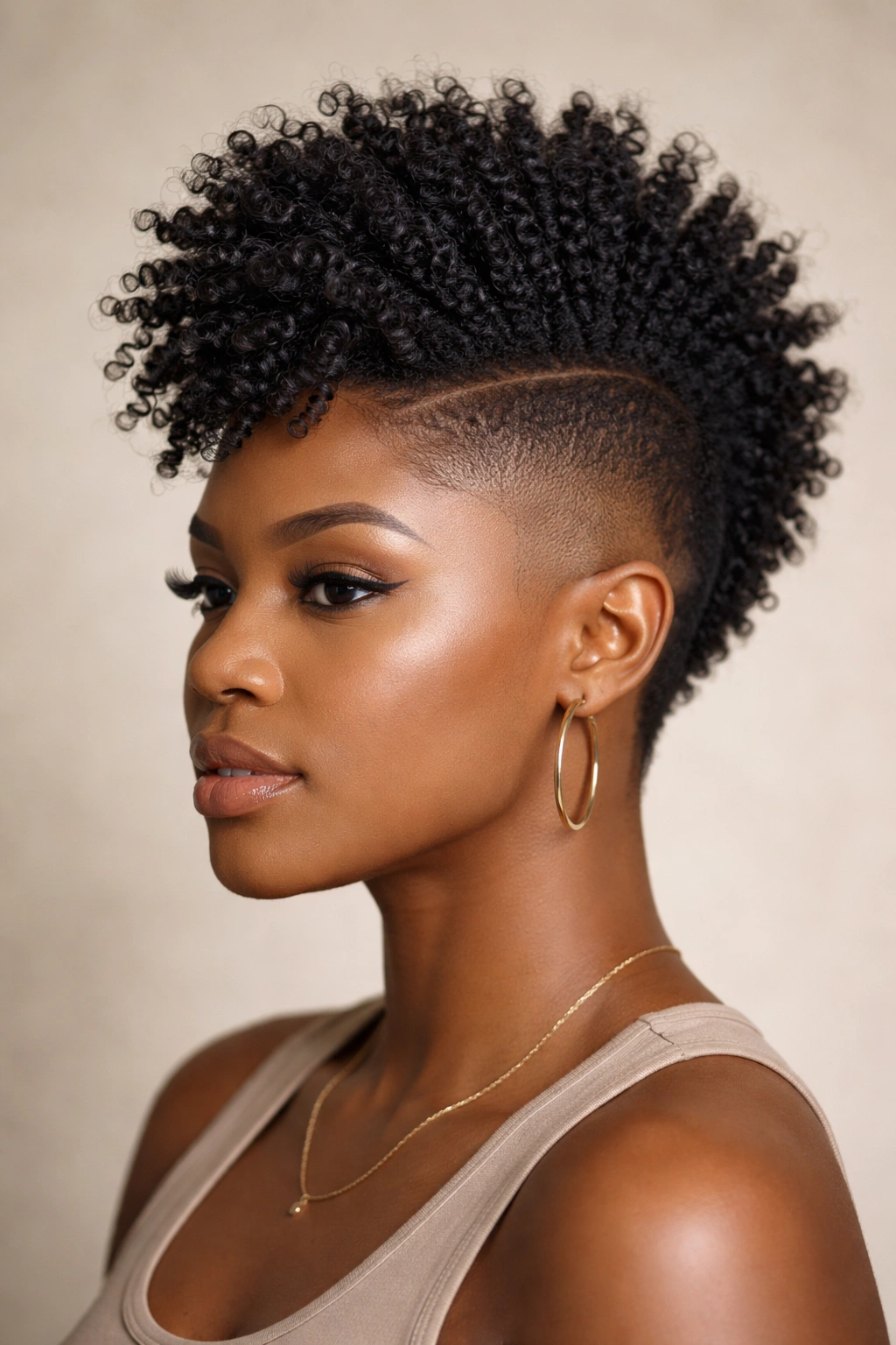Close-up portrait of 4C hair styled in a textured tapered Mohawk with a fade