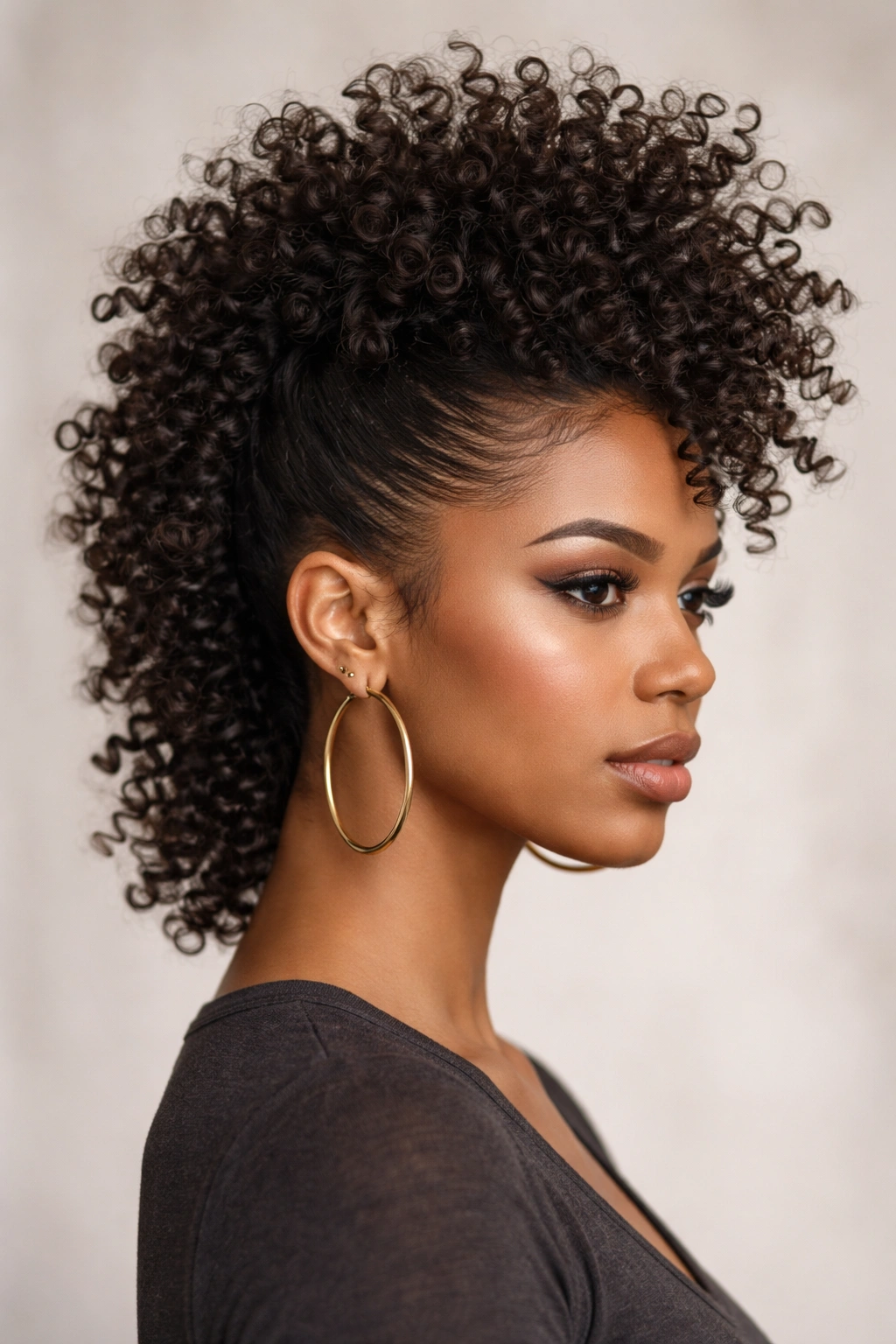Close-up portrait of a woman with a textured high mohawk and defined curls, studio lighting.