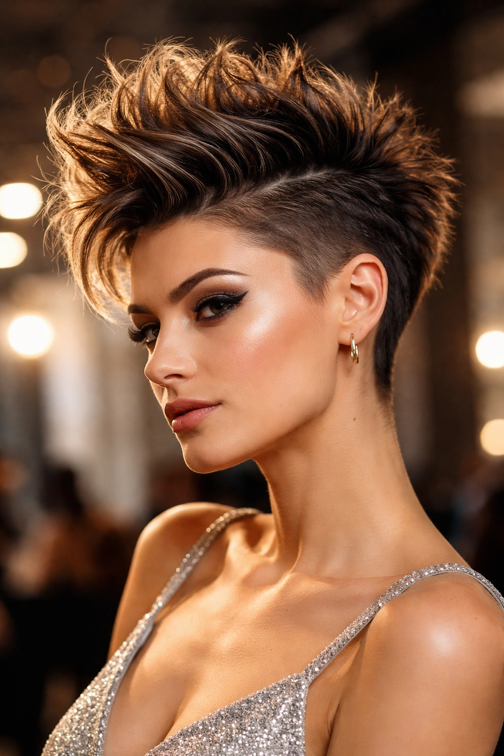 Textured faux-hawk on short hair with pronounced center height.