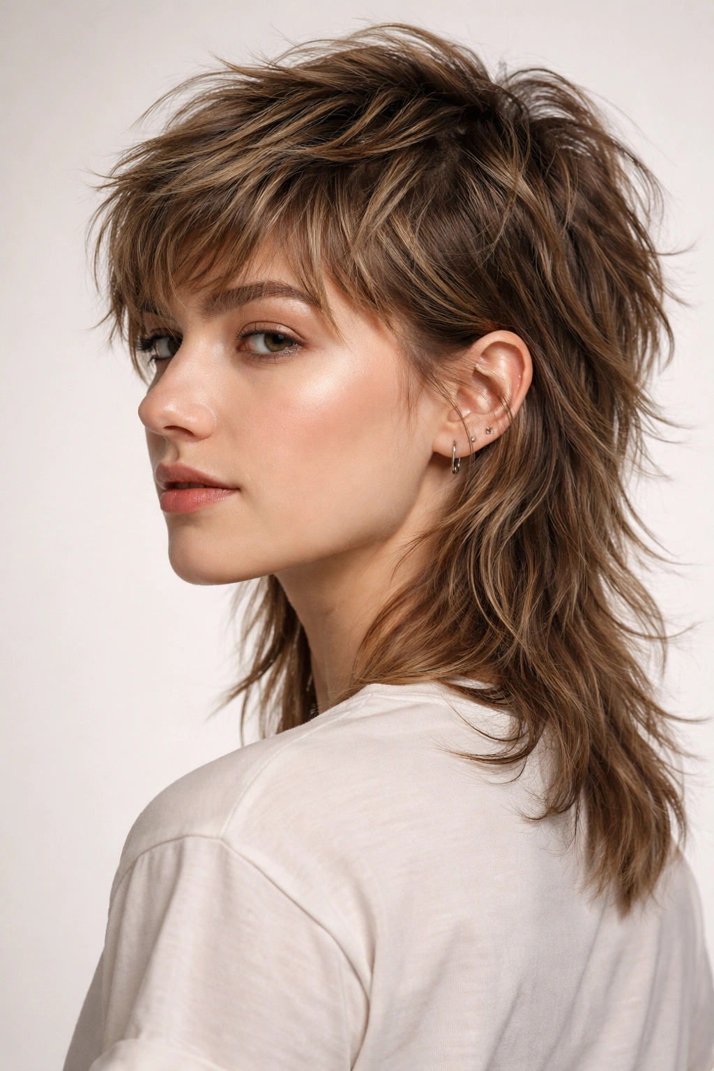 Portrait of a person with a Textured Mullet showing short top layers and longer back with texture