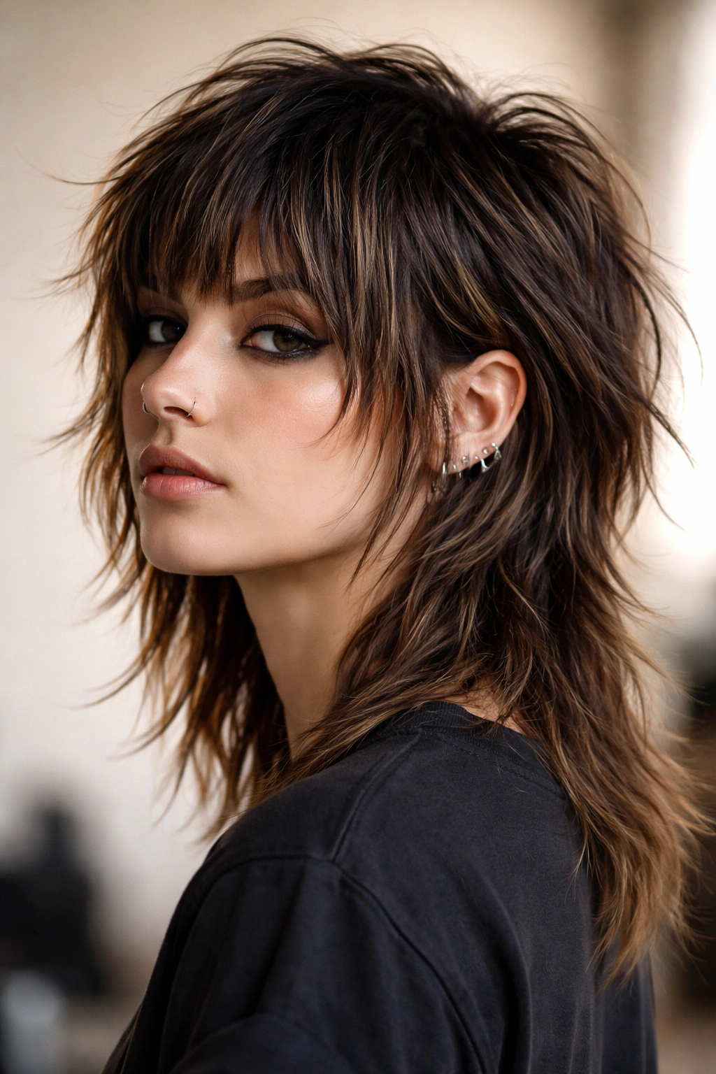 12 Edgy Bob Cuts For Women Who Love Bold Hair 9 Portrait of a person with a textured mullet bob showing short front and longer back.