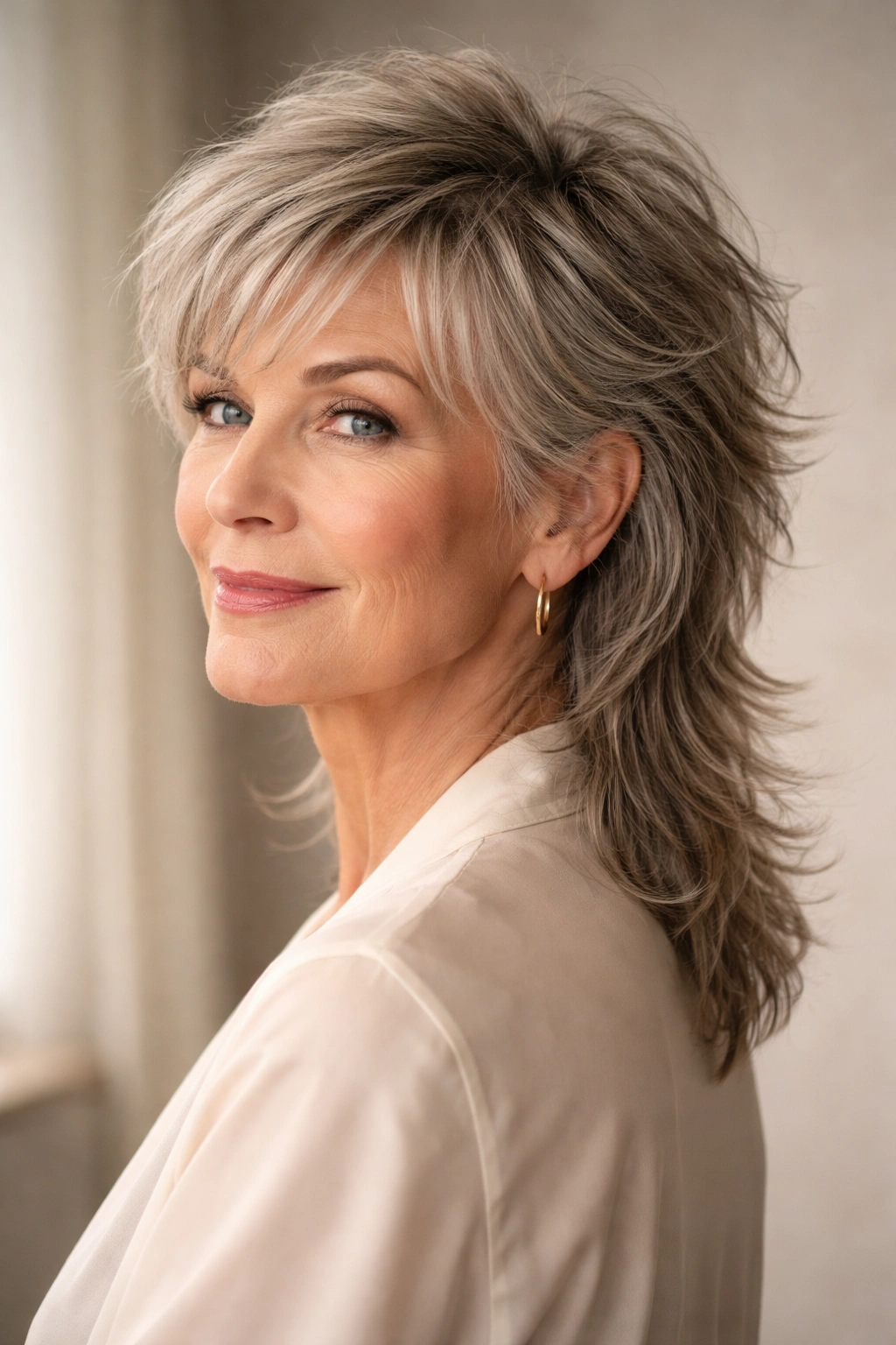 Portrait of a mature woman with a modern textured mullet for diamond faces