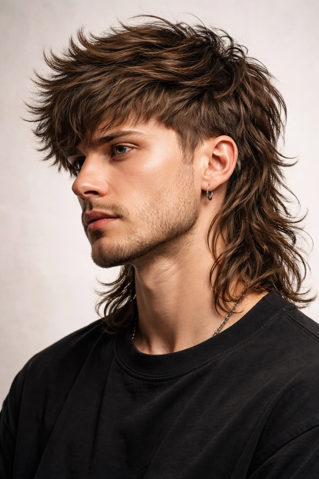 Textured mullet with layered cuts creating depth and movement