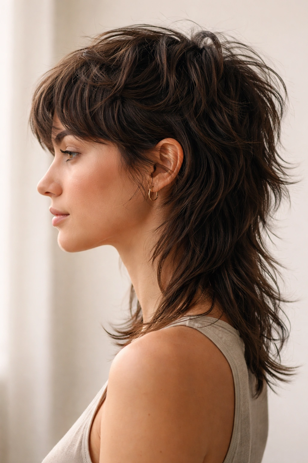 Side-profile of a person with a textured mullet featuring layered crown and longer back.