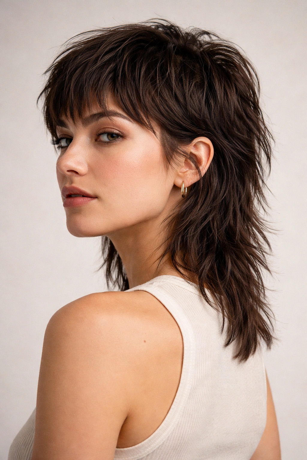 Portrait of a model with a textured mullet showing a short front and longer back