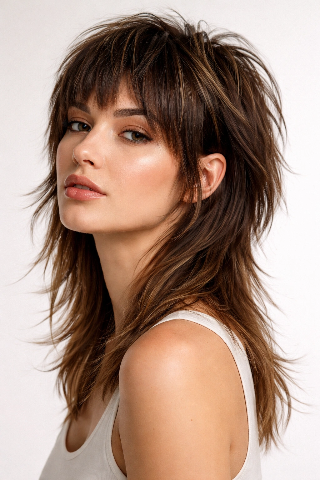 Textured mullet-inspired cut with short crown and longer back in bold silhouette.