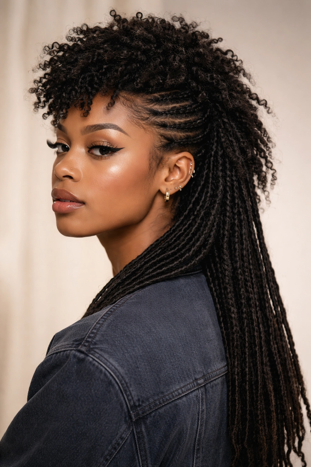 Textured top mullet locs with fluffy crown and sleek back