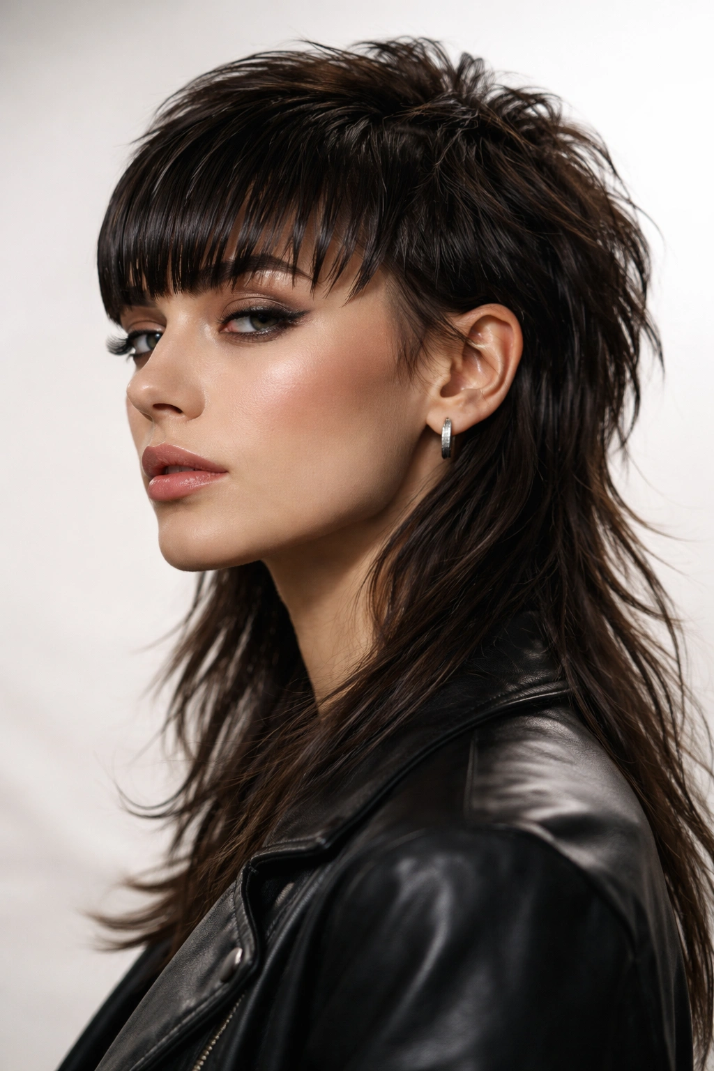 Portrait of textured mullet with slicked bangs and glossy finish
