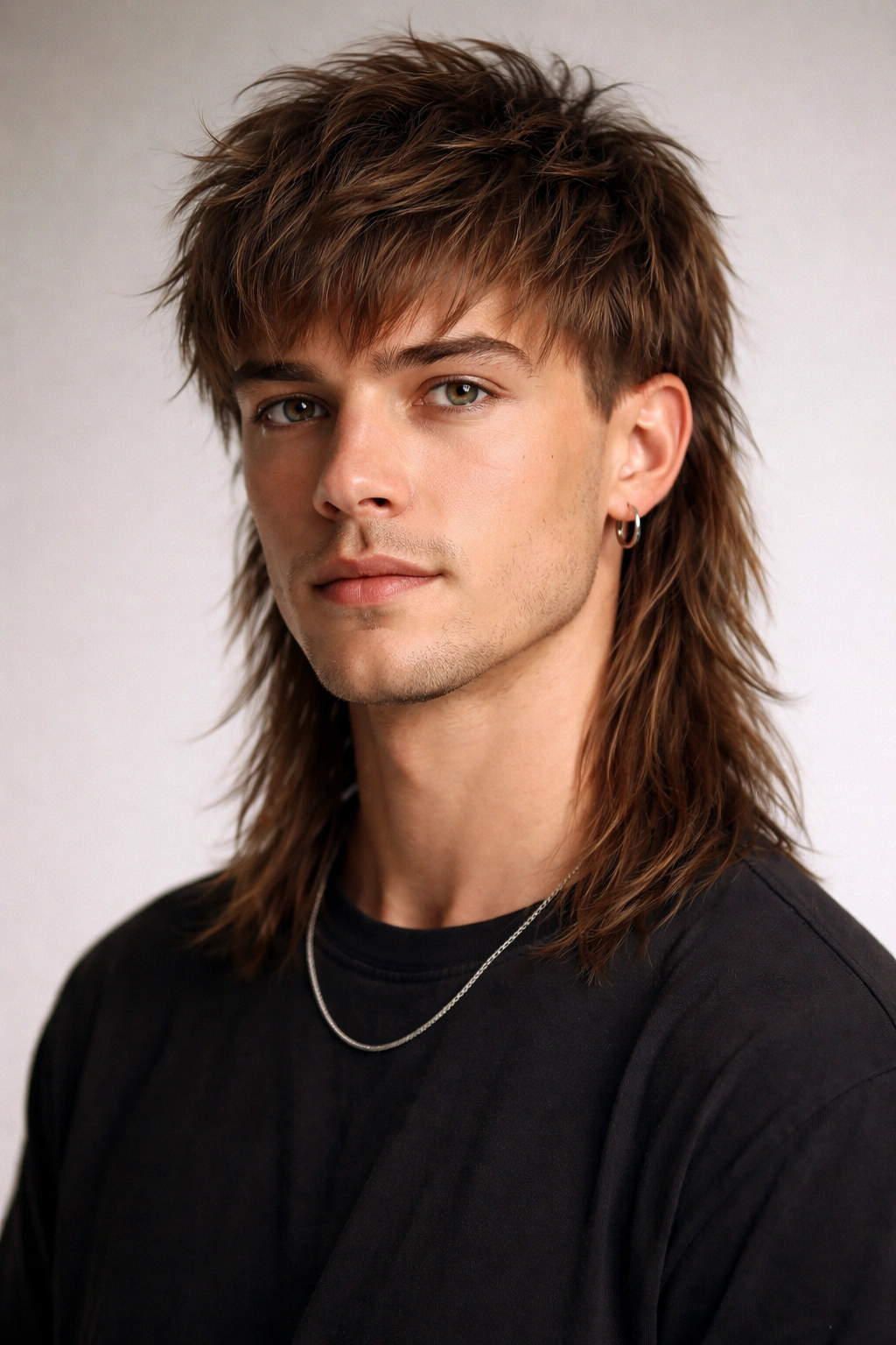 Close-up portrait of textured top mullet with shoulder-length back and choppy crown layers