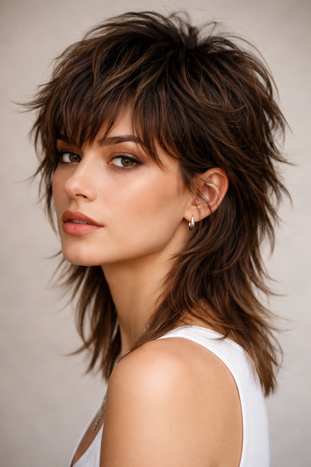 Close-up portrait of textured mullet with short choppy top layers and chin-length back