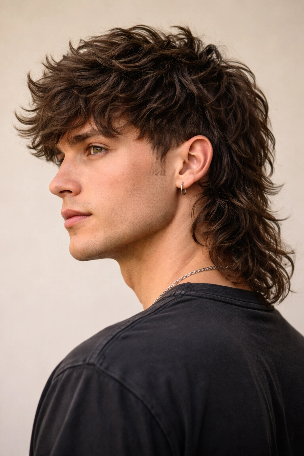 Head-and-shoulders portrait of a textured mullet with layered top and longer back