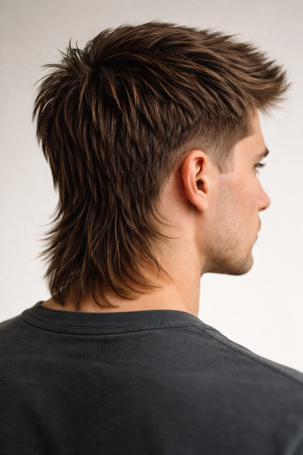 Portrait of a person with a textured neck mullet showing short sides and a textured longer nape