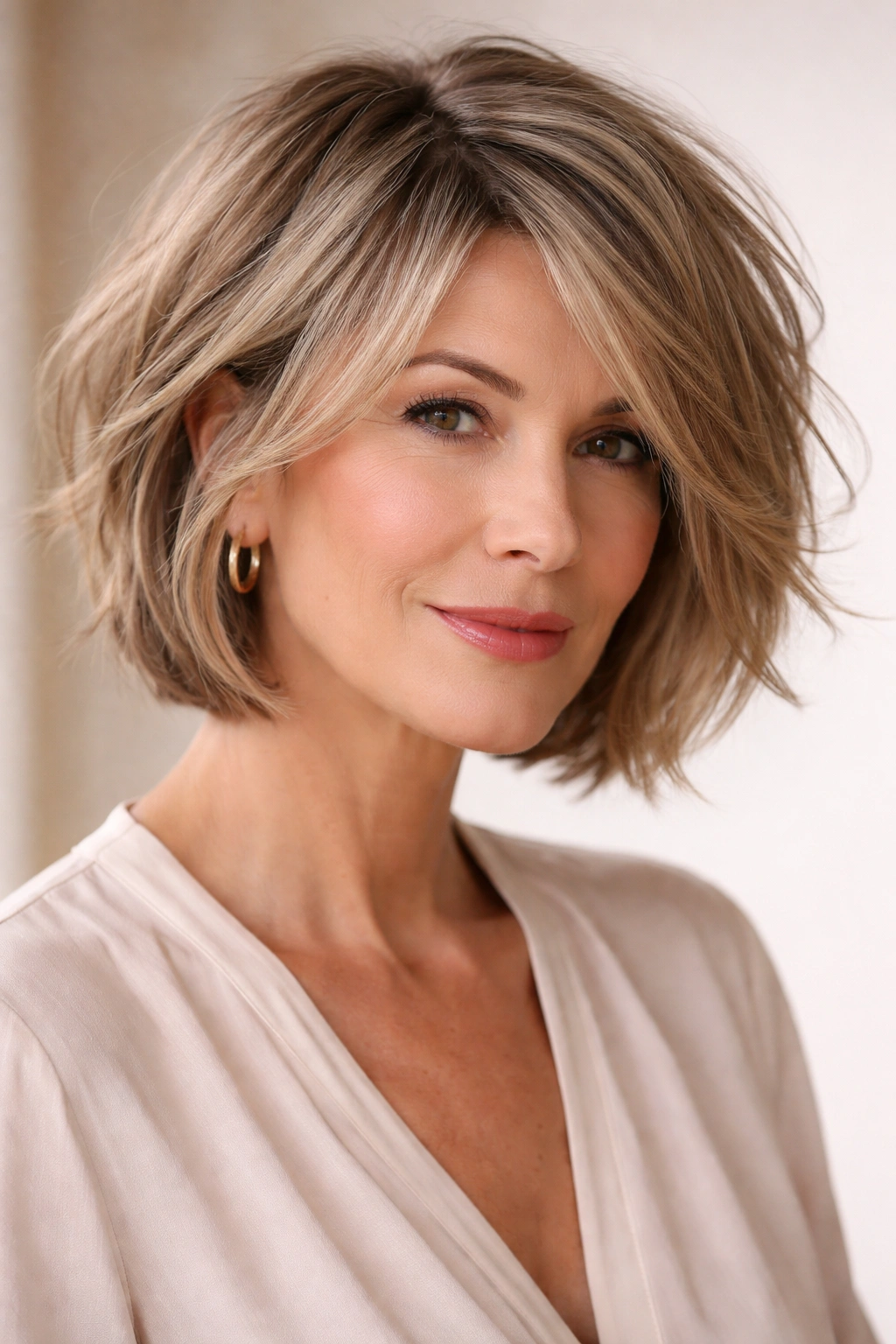 Textured piece-y chin-length bob with undone sophistication and visible layers