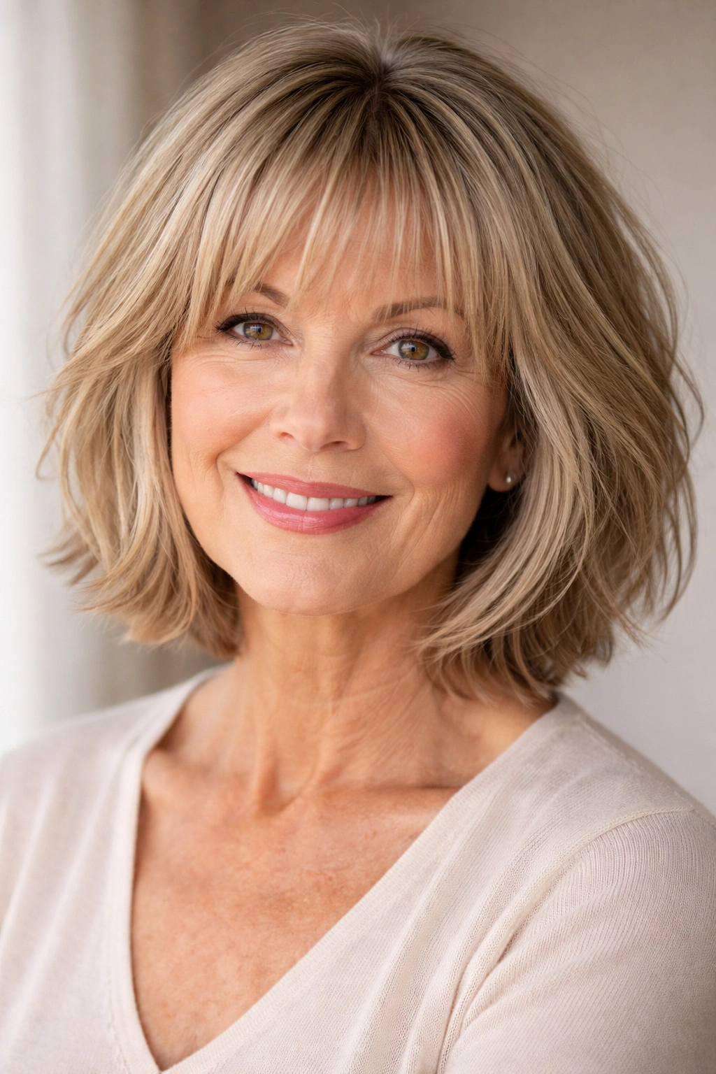 Older woman with textured piecey bangs and a medium bob; portrait