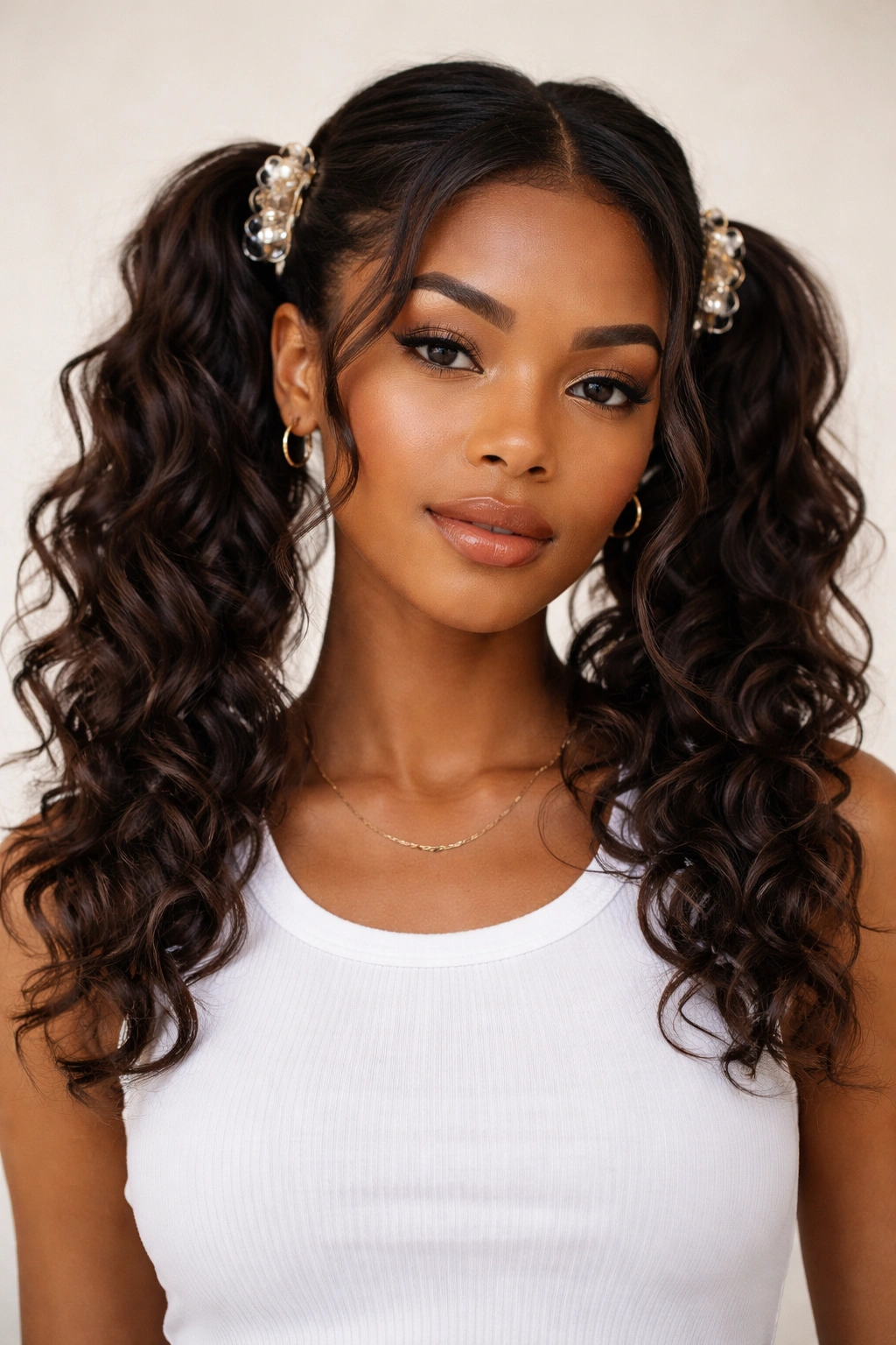 Two textured pigtails with double claw clips