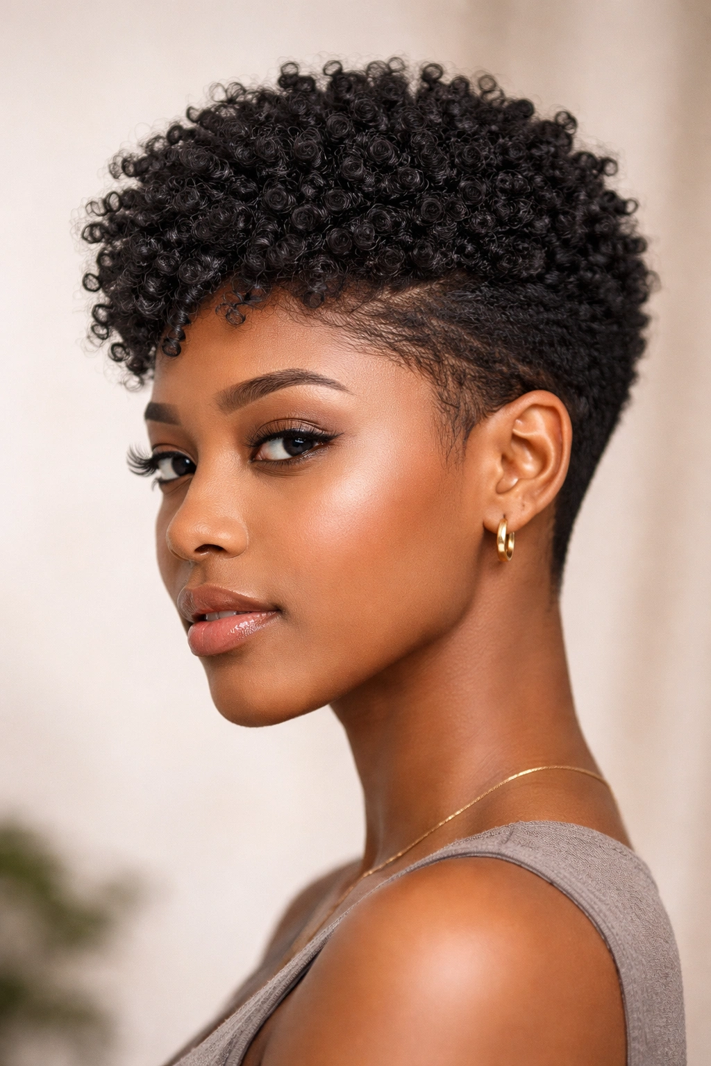 4C textured pixie cut close-up showing dense curls at short length