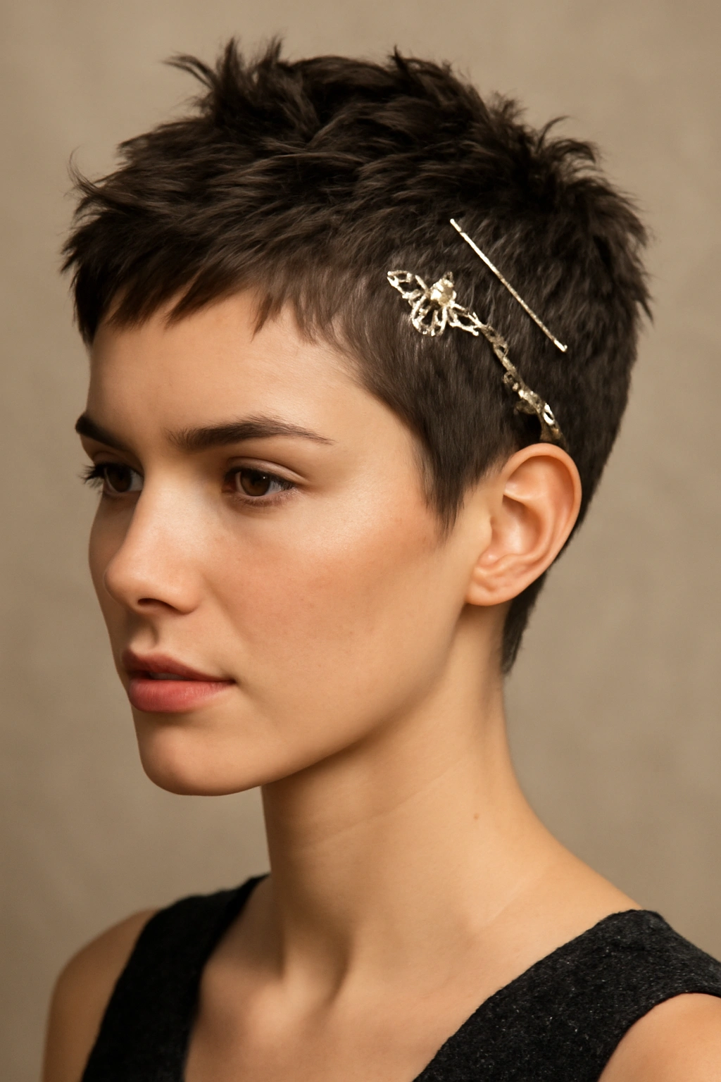 Going to Prom With Short Hair? 10 Styles to Try 8 Textured pixie with decorative hair accessories in a studio portrait.