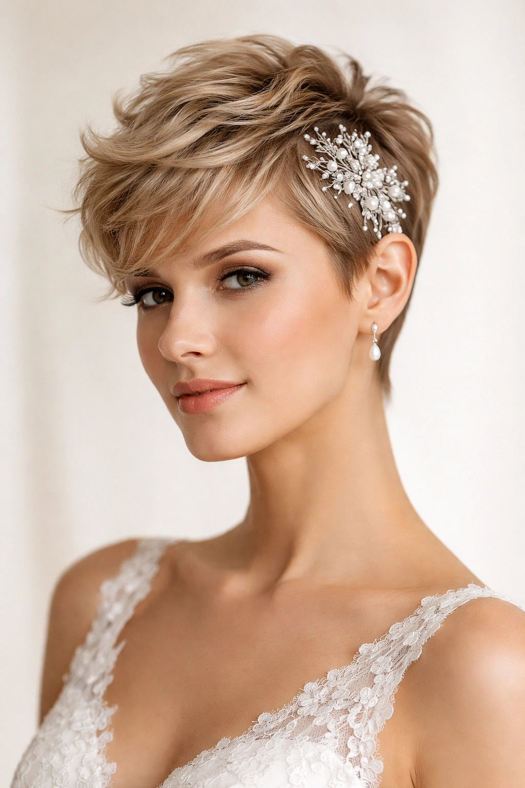 Textured pixie with jeweled accessory at the temple