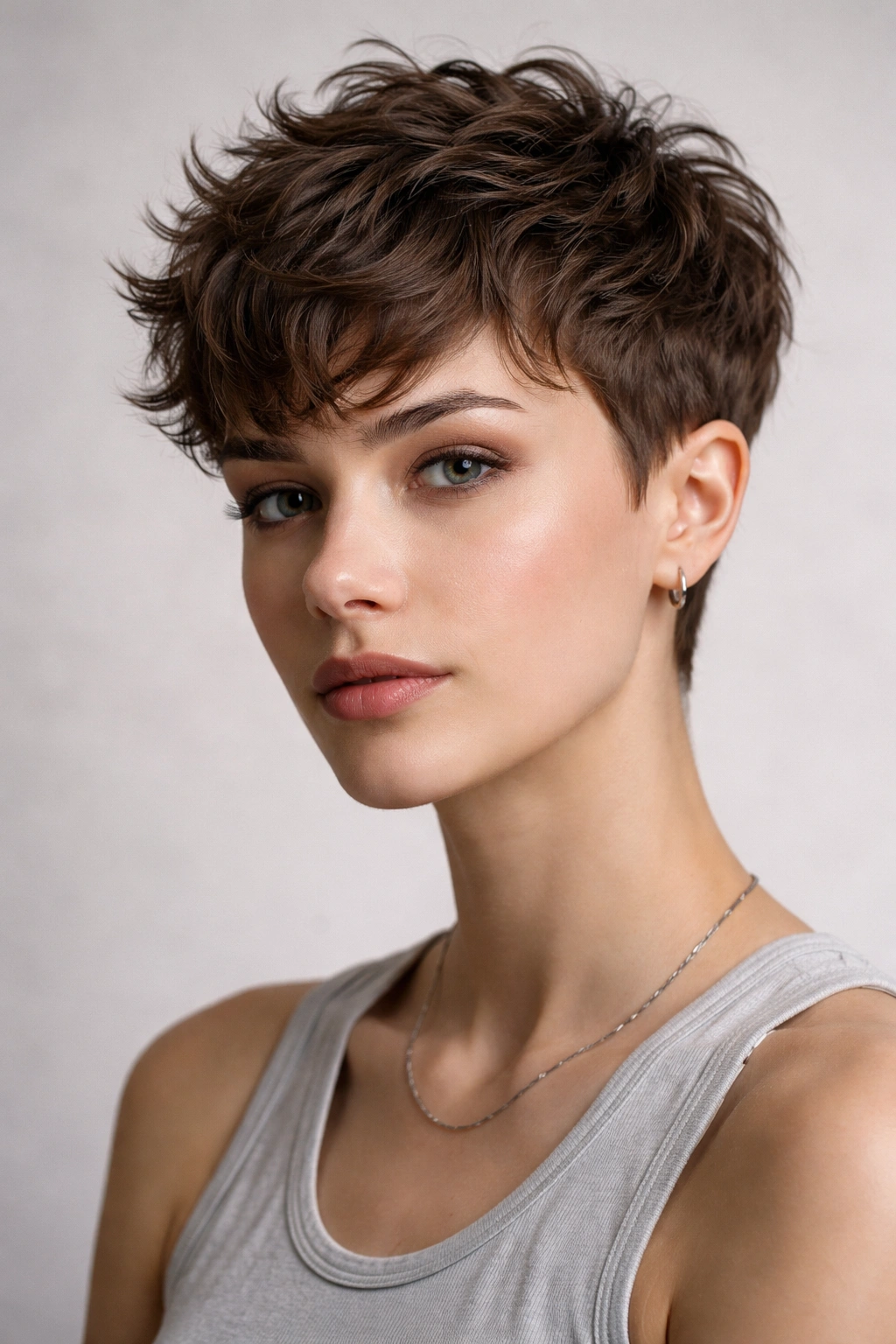 Textured androgynous pixie hairstyle on model
