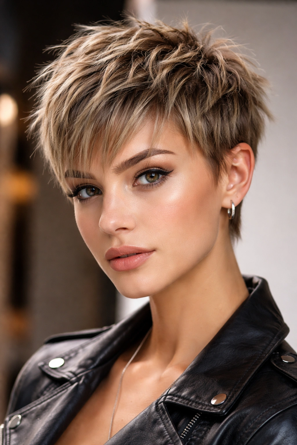 Model with textured pixie baby hybrid haircut, short and highly textured.