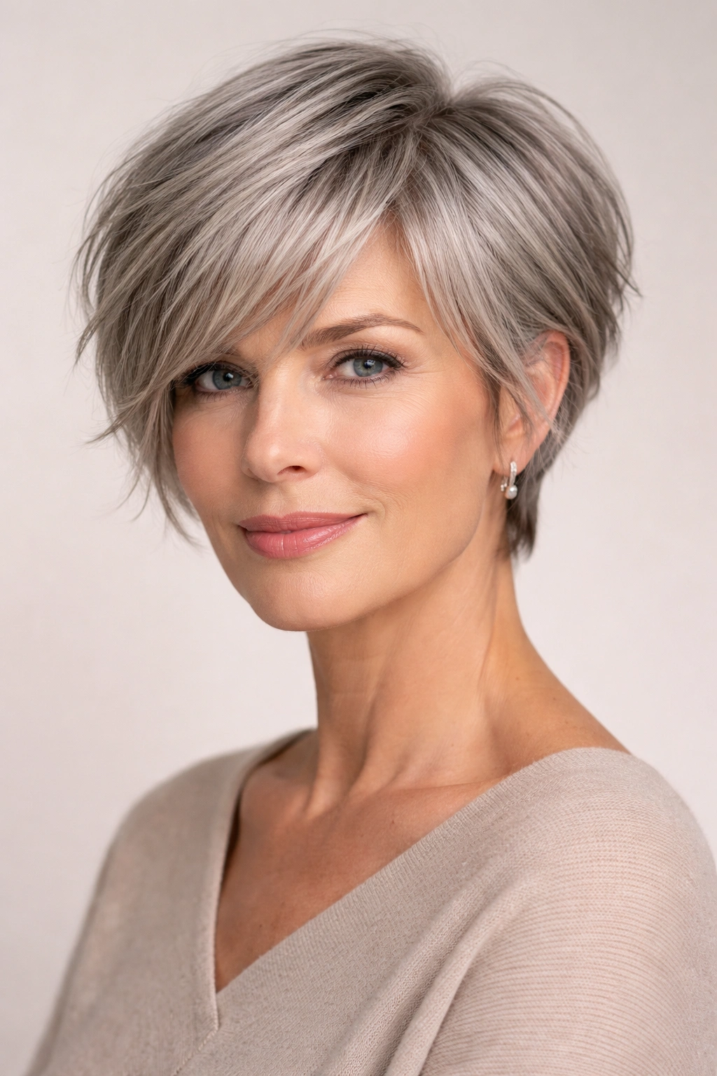 Textured pixie bob with side bangs on a mature woman in a studio