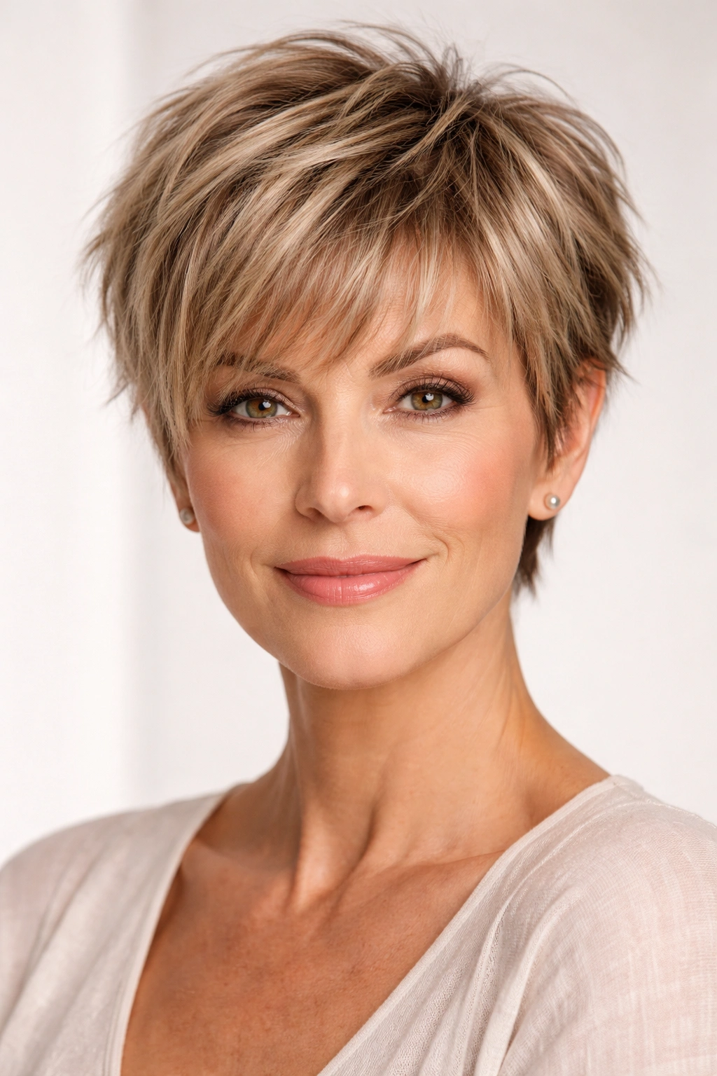 Textured pixie cut with eyebrow-length bangs