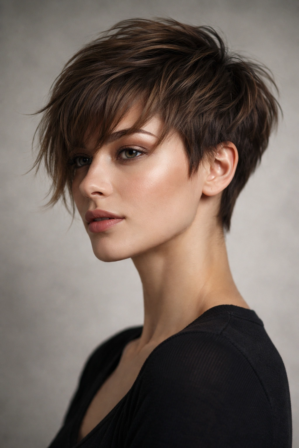 Textured pixie crop with longer choppy bangs catching light