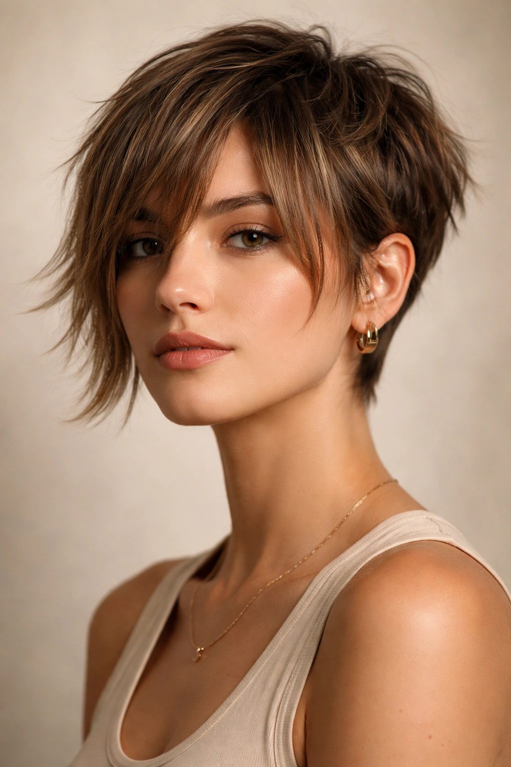 12 Short Haircuts Styled With Curtain Bangs 1 Close-up of a person with a textured pixie cut and long curtain bangs framing the face