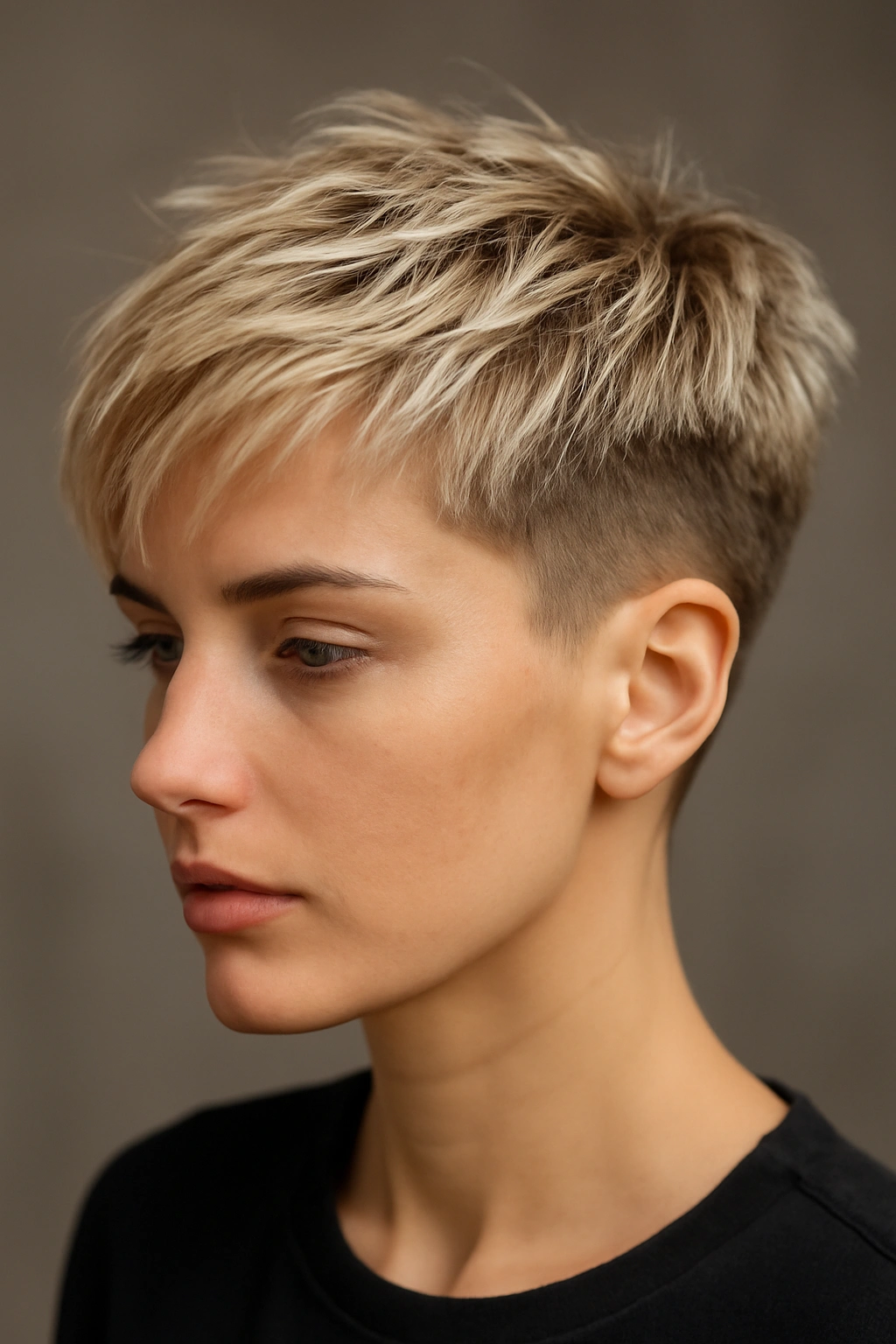 10 Short Straight Blonde Haircuts That Look Amazing 2 Close-up portrait of a textured blonde pixie with longer top and fade