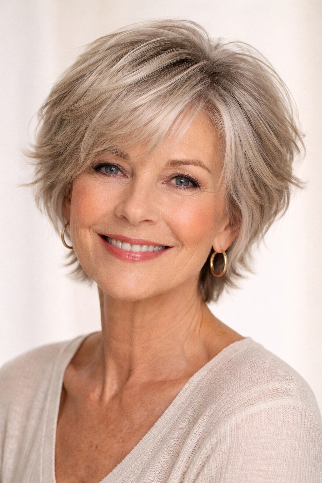 Close-up of a longer-textured pixie bob in a studio