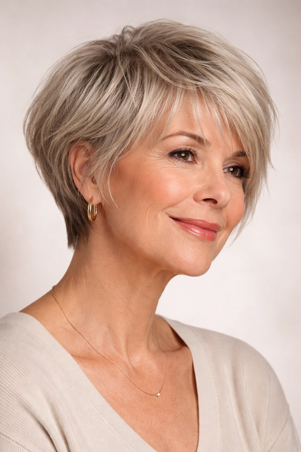 Portrait of a woman with textured pixie bob showing neck and jawline
