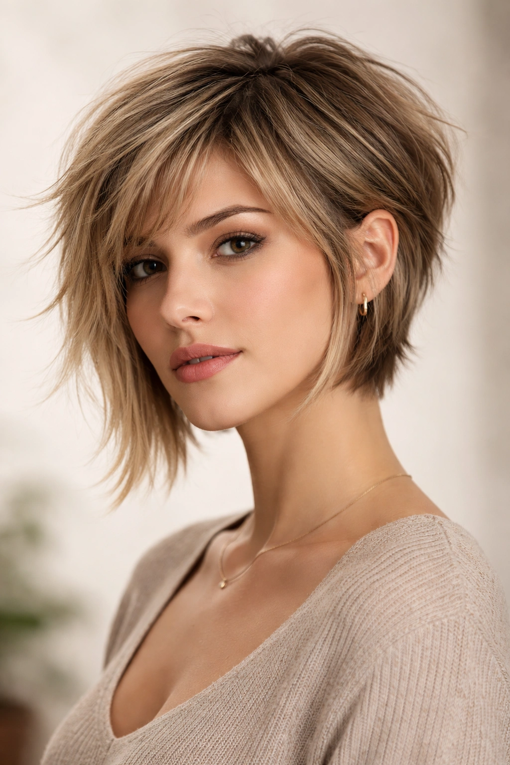 Close up of a short textured pixie bob with asymmetrical front pieces.